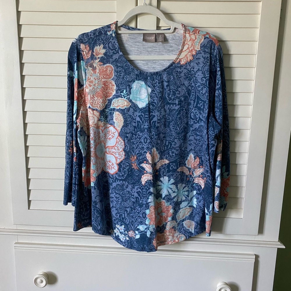 Chico's Blue Floral Scoop Neck Long Sleeve Top
